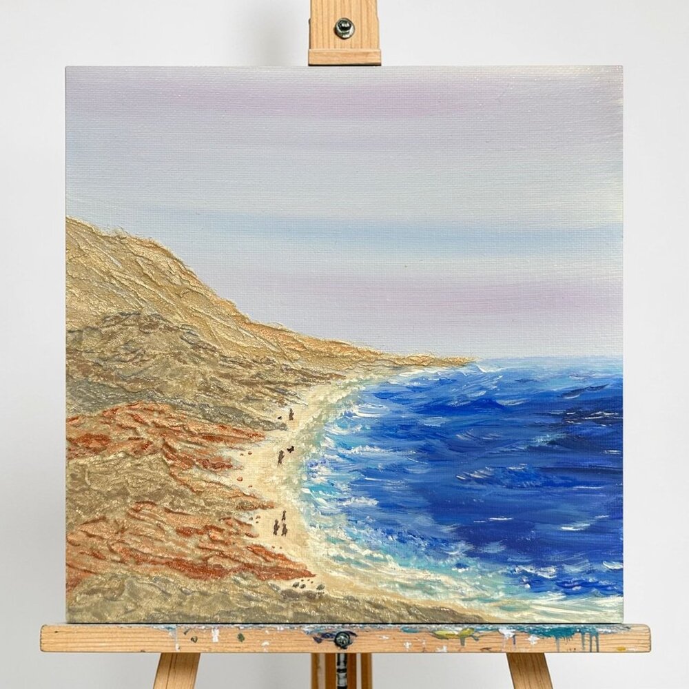 Evening Stroll  Beach Scene Wall Art 8" x 8" Acrylic Painting Original Unframed